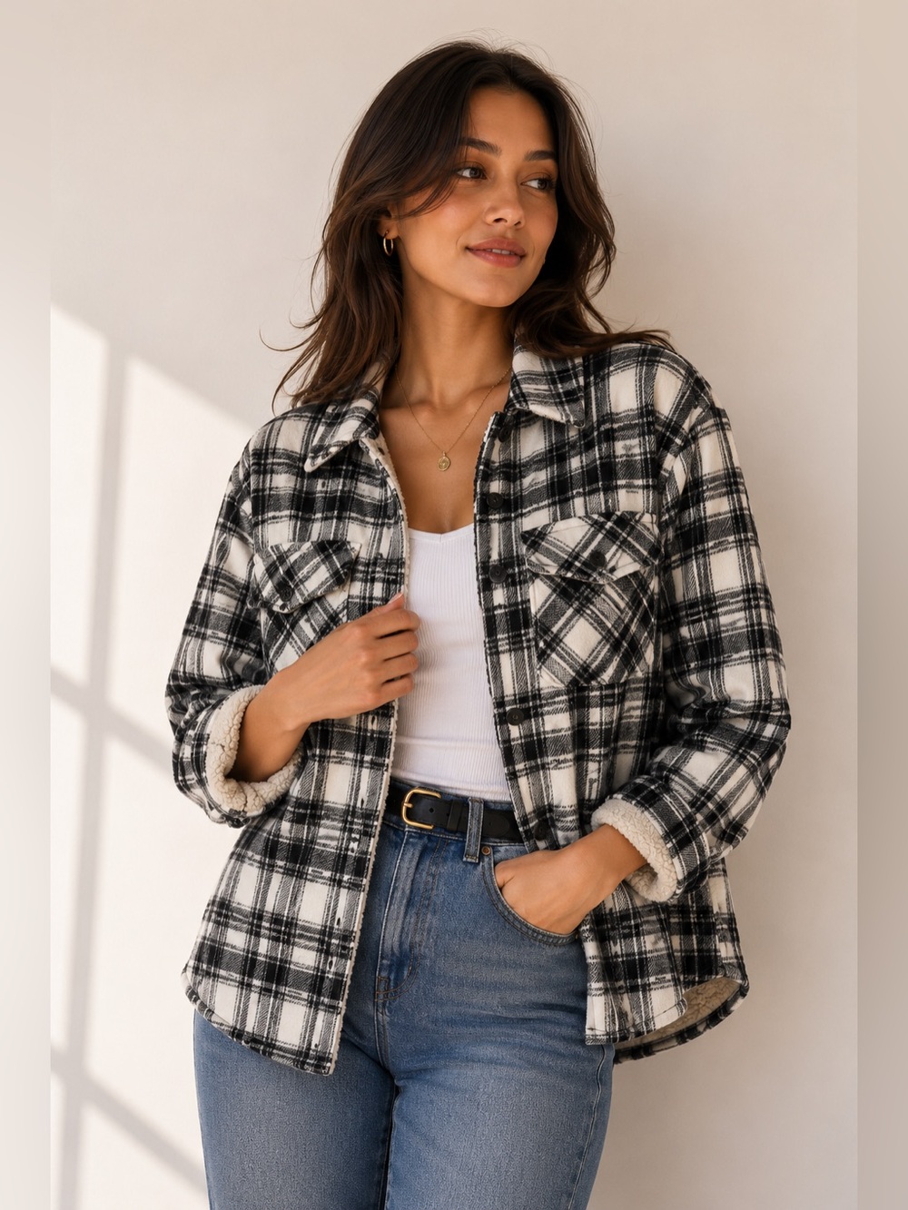 Sage Black and White Plaid Lightweight Shirt Jacket